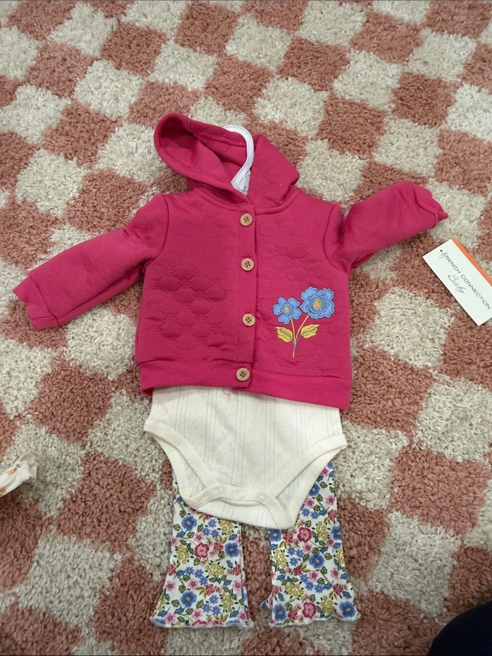 Girls' Pink Hooded Jacket with Floral Embroidery & Cream Onesie Set